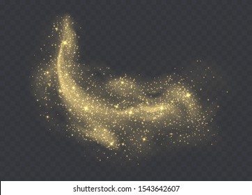 Golden dust cloud with sparkles isolated on transparent background. Stardust sparkling background. Glowing glitter smoke or splash. Vector illustration.