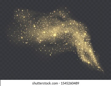 Golden dust cloud with sparkles isolated on transparent background. Stardust sparkling background. Glowing glitter smoke or splash. Vector illustration.