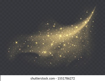 Golden dust cloud with sparkles isolated on transparent background. Stardust sparkling background. Glowing glitter smoke or splash. Vector illustration.