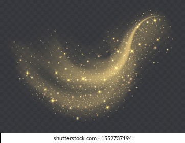 Golden dust cloud with sparkles isolated on transparent background. Christmas stardust sparkling background. Glowing glitter smoke or splash. Vector illustration.