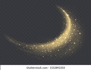 Golden dust cloud with sparkles isolated on transparent background. Stardust sparkling background. Glowing glitter smoke or splash. Vector illustration.