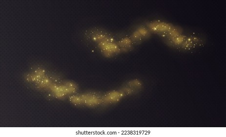 Golden dust cloud with sparkles isolated on transparent background. Stardust sparkling background. Glowing glitter smoke or splash. Vector illustration.