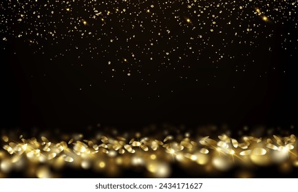 Golden dust in darkness realistic vector illustration. Shining glitter flying and falling 3d design. Elegant Christmas decor on black background
