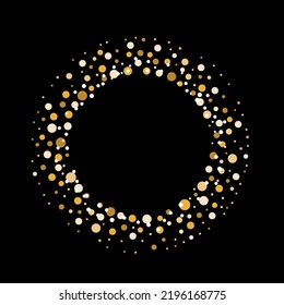 Golden Dust Dots circle frame. Abstract glitter background with dots and sparkles on black. Copy space for text