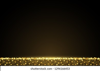 Golden dust effect. Defocused glitters on black. Abstract luxury background.