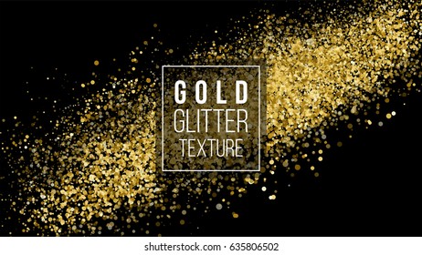 Golden Dust Explosion. Glitter Confetti. Great For Wedding Invitations, Party Posters, Christmas And New Year Cards. Gold Glitter Cloud Or Shining Particles. Vector Illustration
