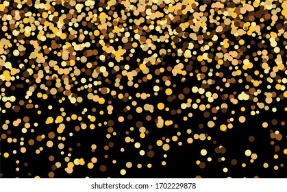 Golden dust falling down, flying circle confetti vertical lines. Sparkle dots, round tinsels celebration design. Holiday lights, gold garlands.