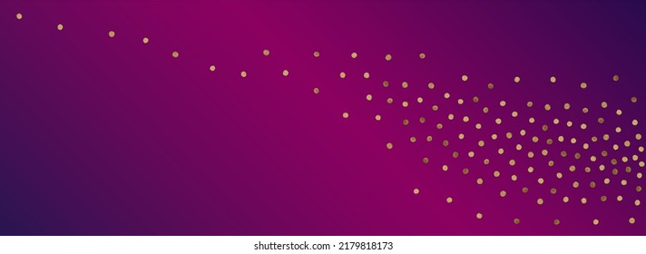 Golden Dust Isolated Vector Panoramic Purple Background. Bridal Glow Invitation. Gold Polka Light Illustration. Rain Art Postcard.