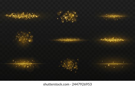 golden dust light. Bokeh light lights effect background. Christmas glowing light bokeh confetti and sparkle overlay texture. Podium light. Bright flash. Vector illustration.	
