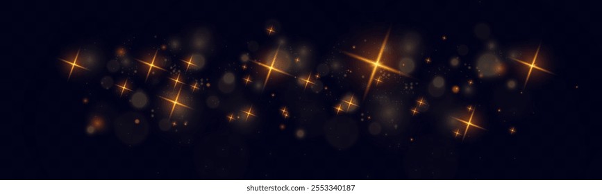 Golden dust light effect with bokeh and sparkling confetti on a transparent background. Perfect overlay for festive, Christmas, or celebratory designs.