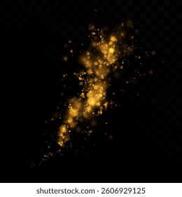 Golden dust of light. Glow bokeh. Christmas light background. Christmas glowing lights side light confetti.