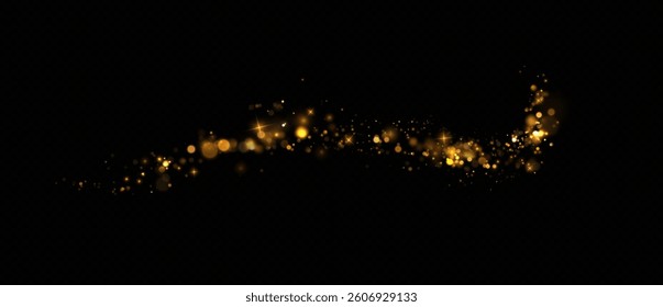 Golden dust of light. Glow bokeh. Christmas light background. Christmas glowing lights side light confetti.