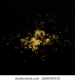 Golden dust of light. Glow bokeh. Christmas light background. Christmas glowing lights side light confetti.