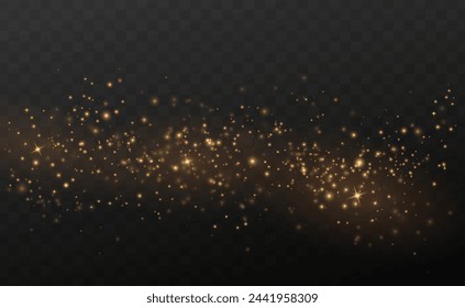 Golden dust light PNG. Bokeh light effect background. Christmas glowing dust background with bokeh confetti and sparkle overlay texture for your design.