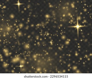 Lámpara de polvo dorado. Confeti de bokeh de Navidad brillante y textura superpuesta brillante de brillo para tu diseño. Polvo amarillo, chispas, estrellas brillan con luces especiales. Partículas doradas abstractas del fondo vectorial.