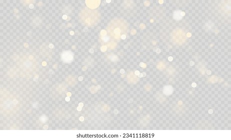 Golden dust light png. Christmas glowing bokeh confetti and sparkle overlay texture for your design. Stock royalty free vector illustration. PNG	