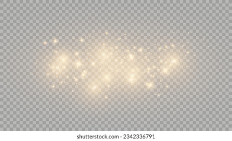 Golden dust light png. Christmas glowing bokeh confetti and sparkle overlay texture for your design. Stock royalty free vector illustration. PNG	