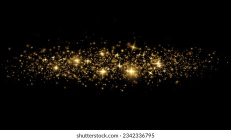 Golden dust light png. Christmas glowing bokeh confetti and sparkle overlay texture for your design. Stock royalty free vector illustration. PNG	