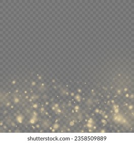 Golden dust light png. Christmas glowing bokeh confetti and sparkle overlay texture for your design. Yellow dust, sparks, stars shine with a special lights. Gold particles abstract vector background.