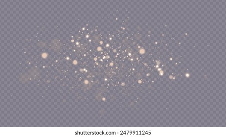 Golden dust light png. Christmas glowing bokeh confetti and sparkle overlay texture for your design. Stock royalty free vector illustration. PNG	