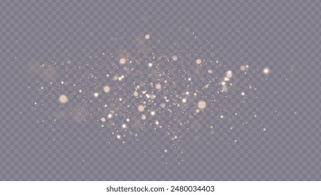 Golden dust light png. Christmas glowing bokeh confetti and sparkle overlay texture for your design. Stock royalty free vector illustration. PNG	