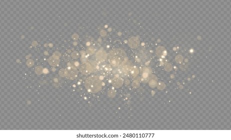 Golden dust light png. Christmas glowing bokeh confetti and sparkle overlay texture for your design. Stock royalty free vector illustration. PNG	