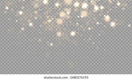 Golden dust light png. Christmas glowing bokeh confetti and sparkle overlay texture for your design. Stock royalty free vector illustration. PNG	