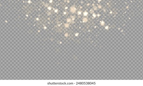 Golden dust light png. Christmas glowing bokeh confetti and sparkle overlay texture for your design. Stock royalty free vector illustration. PNG	