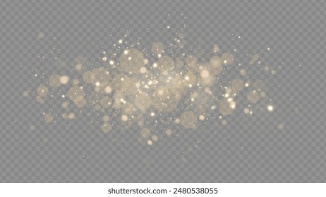 Golden dust light png. Christmas glowing bokeh confetti and sparkle overlay texture for your design. Stock royalty free vector illustration. PNG	