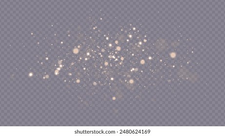 Golden dust light png. Christmas glowing bokeh confetti and sparkle overlay texture for your design. Stock royalty free vector illustration. PNG	