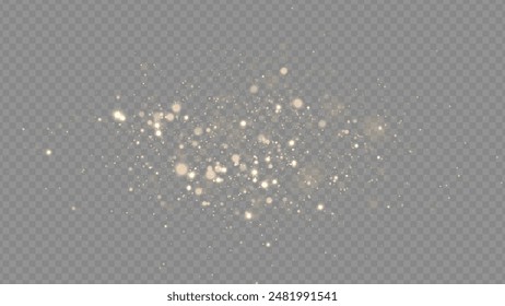 Golden dust light png. Christmas glowing bokeh confetti and sparkle overlay texture for your design. Stock royalty free vector illustration. PNG	