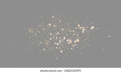 Golden dust light png. Christmas glowing bokeh confetti and sparkle overlay texture for your design. Stock royalty free vector illustration. PNG	