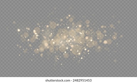 Golden dust light png. Christmas glowing bokeh confetti and sparkle overlay texture for your design. Stock royalty free vector illustration. PNG	