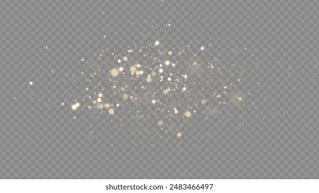 Golden dust light png. Christmas glowing bokeh confetti and sparkle overlay texture for your design. Stock royalty free vector illustration. PNG	