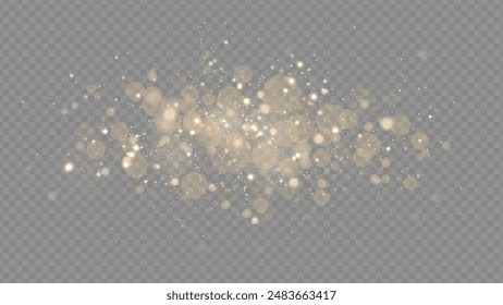 Golden dust light png. Christmas glowing bokeh confetti and sparkle overlay texture for your design. Stock royalty free vector illustration. PNG	