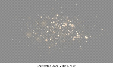 Golden dust light png. Christmas glowing bokeh confetti and sparkle overlay texture for your design. Stock royalty free vector illustration. PNG	