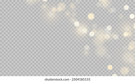 Golden dust light png. Christmas glowing bokeh confetti and sparkle overlay texture for your design. Stock royalty free vector illustration. PNG	