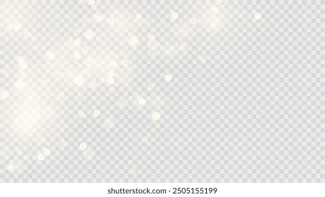 Golden dust light png. Christmas glowing bokeh confetti and sparkle overlay texture for your design. Stock royalty free vector illustration. PNG	