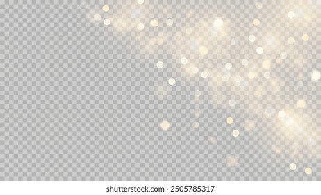 Golden dust light png. Christmas glowing bokeh confetti and sparkle overlay texture for your design. Stock royalty free vector illustration. PNG	