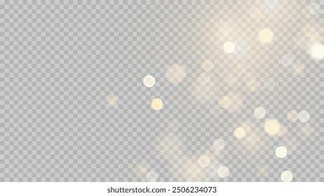 Golden dust light png. Christmas glowing bokeh confetti and sparkle overlay texture for your design. Stock royalty free vector illustration. PNG	