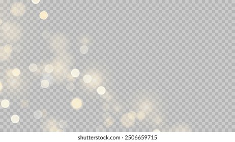 Golden dust light png. Christmas glowing bokeh confetti and sparkle overlay texture for your design. Stock royalty free vector illustration. PNG	