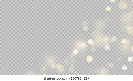 Golden dust light png. Christmas glowing bokeh confetti and sparkle overlay texture for your design. Stock royalty free vector illustration. PNG	