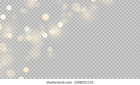 Golden dust light png. Christmas glowing bokeh confetti and sparkle overlay texture for your design. Stock royalty free vector illustration. PNG	