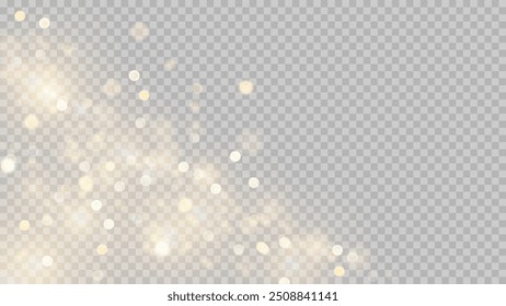 Golden dust light png. Christmas glowing bokeh confetti and sparkle overlay texture for your design. Stock royalty free vector illustration. PNG	