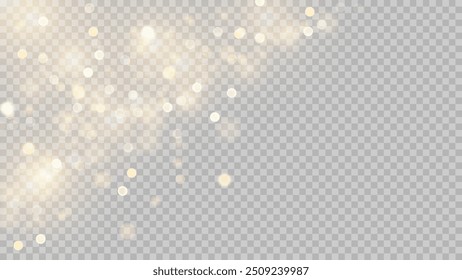 Golden dust light png. Christmas glowing bokeh confetti and sparkle overlay texture for your design. Stock royalty free vector illustration. PNG	