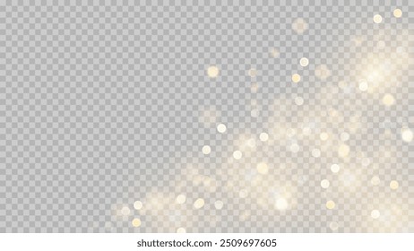 Golden dust light png. Christmas glowing bokeh confetti and sparkle overlay texture for your design. Stock royalty free vector illustration. PNG	