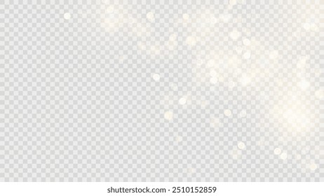 Golden dust light png. Christmas glowing bokeh confetti and sparkle overlay texture for your design. Stock royalty free vector illustration. PNG	