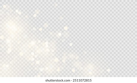 Golden dust light png. Christmas glowing bokeh confetti and sparkle overlay texture for your design. Stock royalty free vector illustration. PNG	