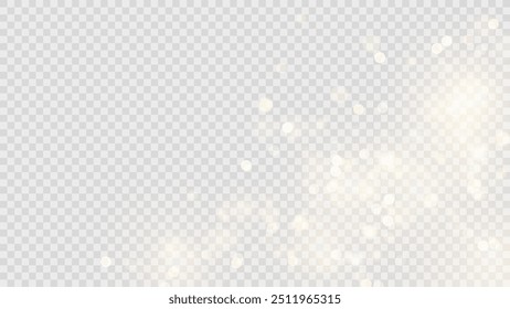 Golden dust light png. Christmas glowing bokeh confetti and sparkle overlay texture for your design. Stock royalty free vector illustration. PNG	