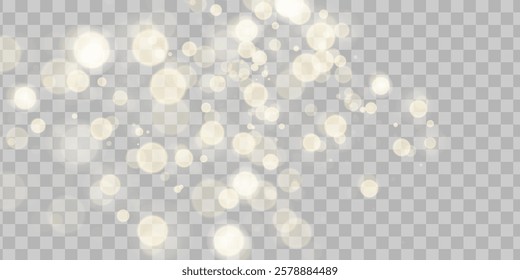 Golden dust light png. Christmas glowing bokeh confetti and sparkle overlay texture for your design. Stock royalty free vector illustration. PNG